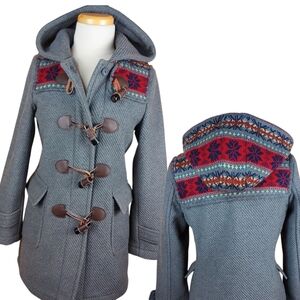 Woolblend Pea Coat Duffle Hooded Jacket with leather buttonhole Fit Smaller